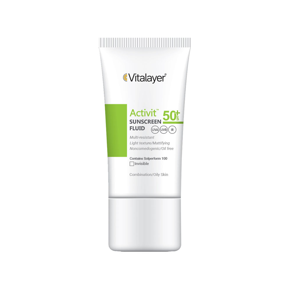 تصویر ضد آفتاب فلوئیدی بی رنگ SPF50 ویتالیر اکتی ویت مناسب پوست چرب و مختلط 50 میل